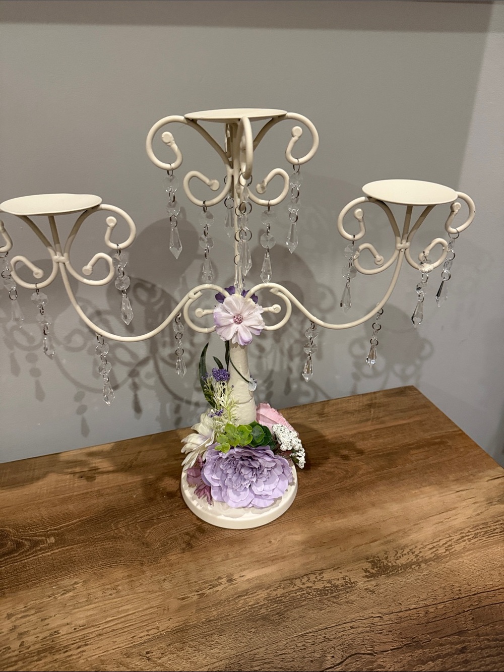 Elegant Cream Metal Candelabra with Lavender Floral Accent